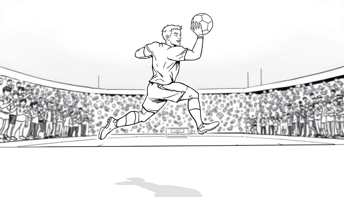 Desenho a traço de um guarda-redes de futebol a saltar com a bola nas mãos e um sorriso, com uma multidão de espectadores num estádio atrás.