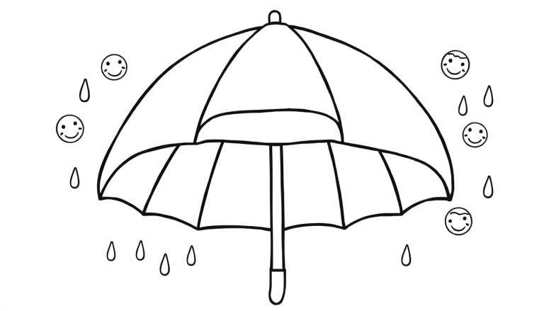 Página para colorir de um guarda-chuva aberto com gotas de chuva e rostos felizes.