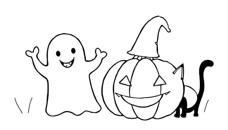 Página para colorir de Halloween com um fantasma sorridente, abóbora assustadora com chapéu de bruxa e gato preto