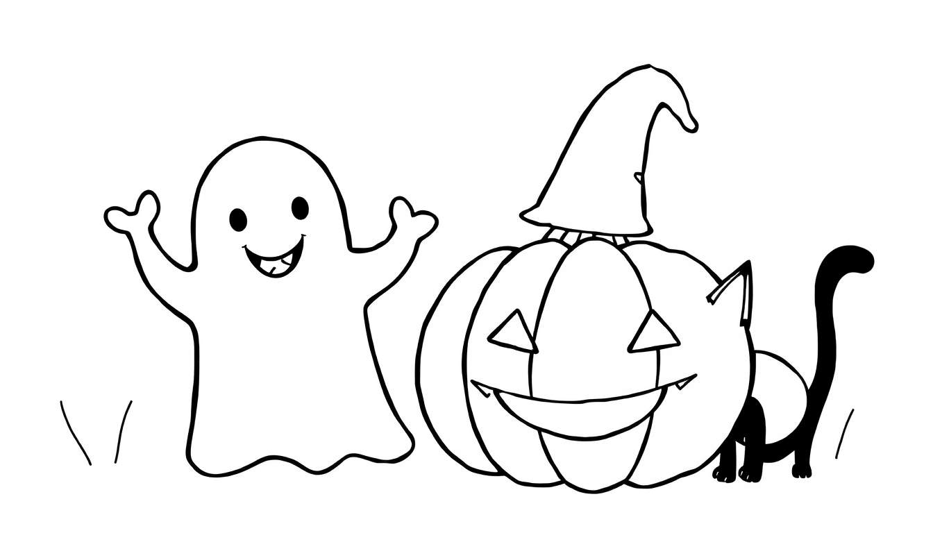 Página para colorir de Halloween com um fantasma sorridente, abóbora assustadora com chapéu de bruxa e gato preto