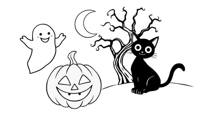 Ilustração a preto e branco de uma página para colorir de Halloween com um fantasma a flutuar, uma abóbora esculpida a sorrir, uma árvore retorcida e um gato preto sentado sob uma lua crescente.