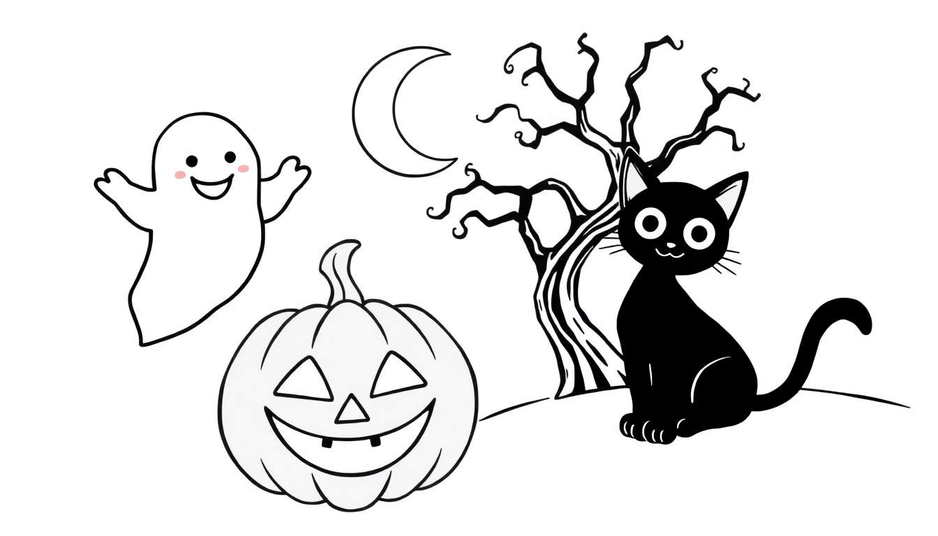 Ilustração a preto e branco de uma página para colorir de Halloween com um fantasma a flutuar, uma abóbora esculpida a sorrir, uma árvore retorcida e um gato preto sentado sob uma lua crescente.