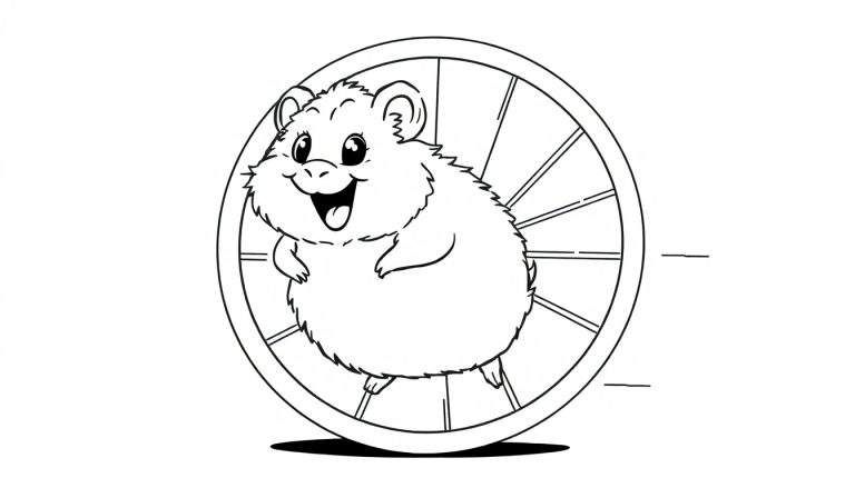 Desenho em preto e branco de um hamster feliz correndo em uma roda de exercícios, com a boca aberta em um sorriso animado.