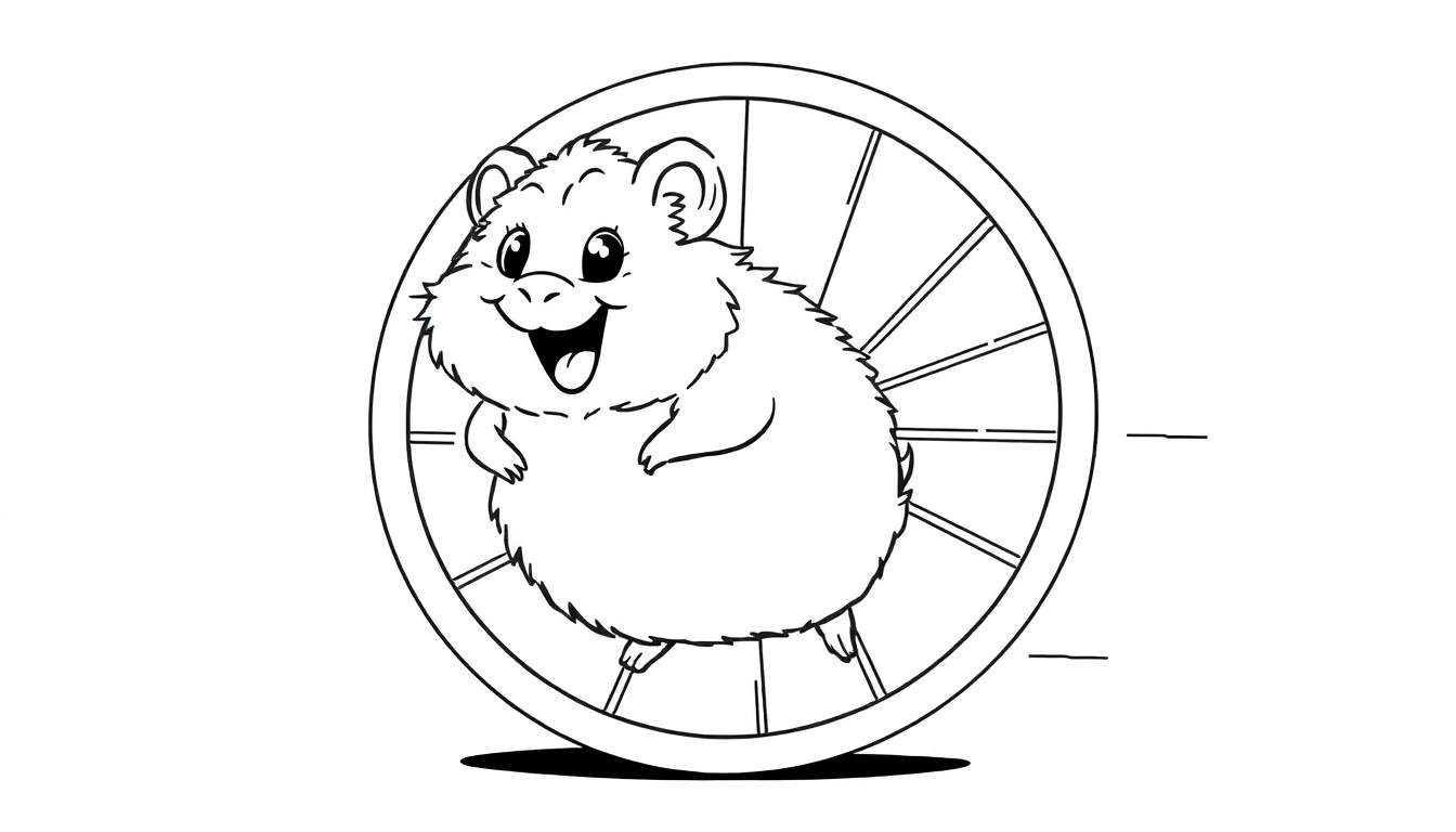 Desenho em preto e branco de um hamster feliz correndo em uma roda de exercícios, com a boca aberta em um sorriso animado.
