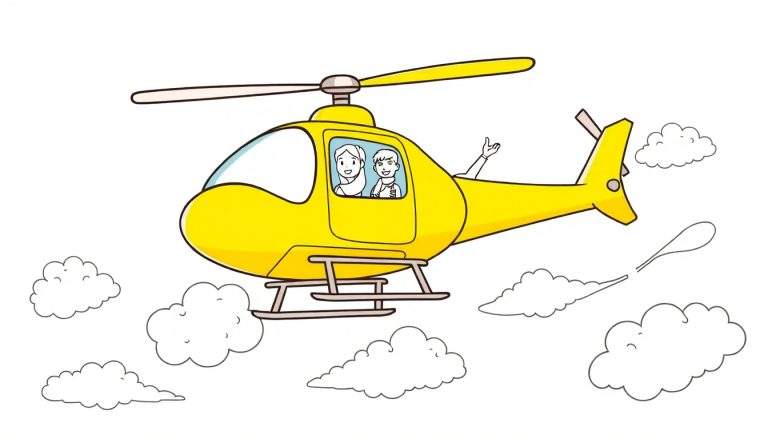 Ilustração para colorir de um helicóptero amarelo no céu com nuvens, pessoas dentro e um balão de ar quente a ser solto.