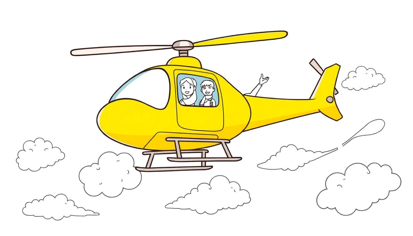 Ilustração para colorir de um helicóptero amarelo no céu com nuvens, pessoas dentro e um balão de ar quente a ser solto.