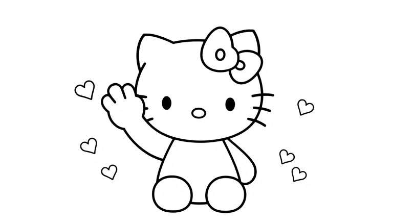Desenho simples em preto e branco da Hello Kitty acenando, rodeada de corações, para colorir.