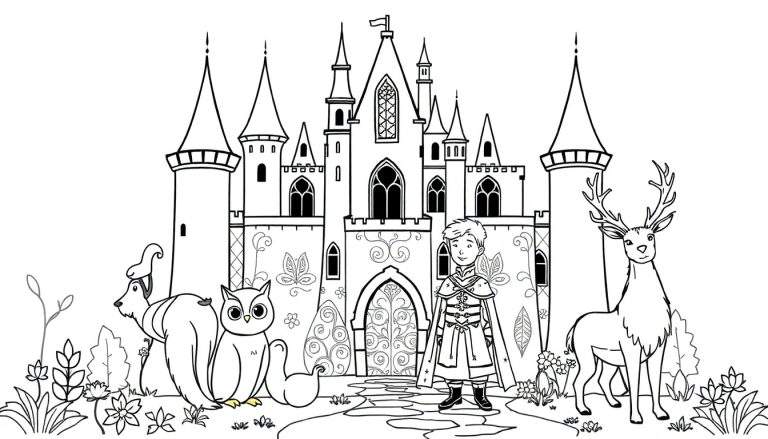 Ilustração de página para colorir de um jovem com túnica e capa em frente a um castelo, com um cachorro, uma coruja e um veado em cena.