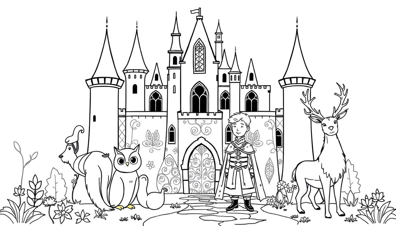 Ilustração de página para colorir de um jovem com túnica e capa em frente a um castelo, com um cachorro, uma coruja e um veado em cena.