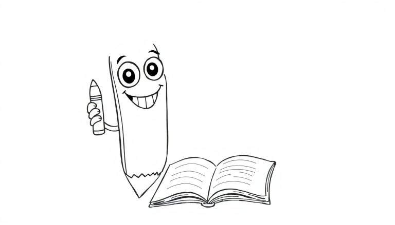 Desenho a preto e branco de um lápis de desenho animado a sorrir, segurando um lápis mais pequeno e a inclinar-se sobre um livro aberto, pronto para ser colorido.