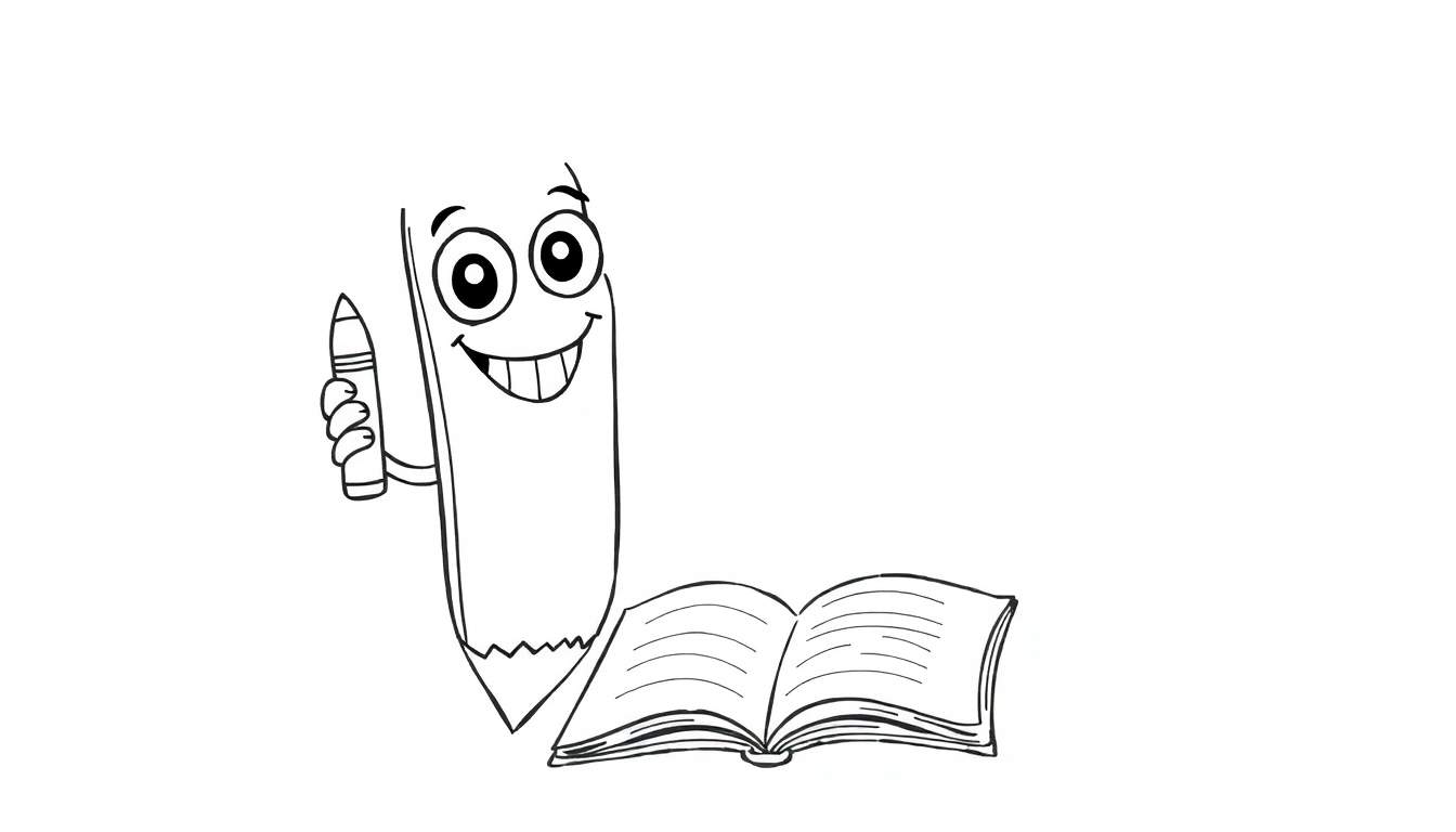 Desenho a preto e branco de um lápis de desenho animado a sorrir, segurando um lápis mais pequeno e a inclinar-se sobre um livro aberto, pronto para ser colorido.