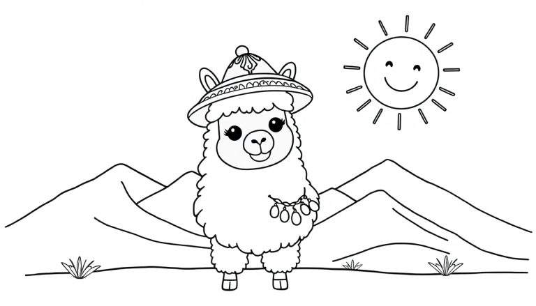 Página para colorir de um lhama fofo com chapéu de borlas e colar de ovos de Páscoa, montanhas e sol.