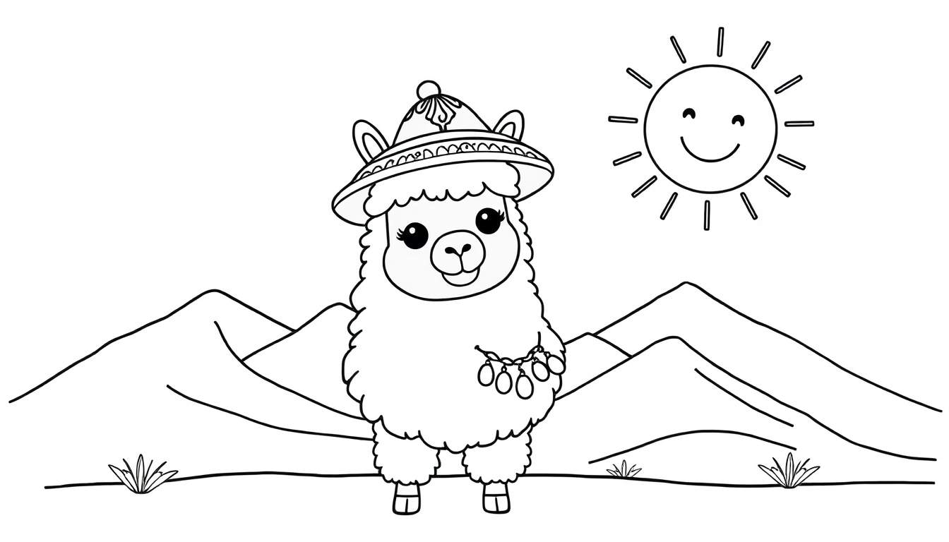 Página para colorir de um lhama fofo com chapéu de borlas e colar de ovos de Páscoa, montanhas e sol.