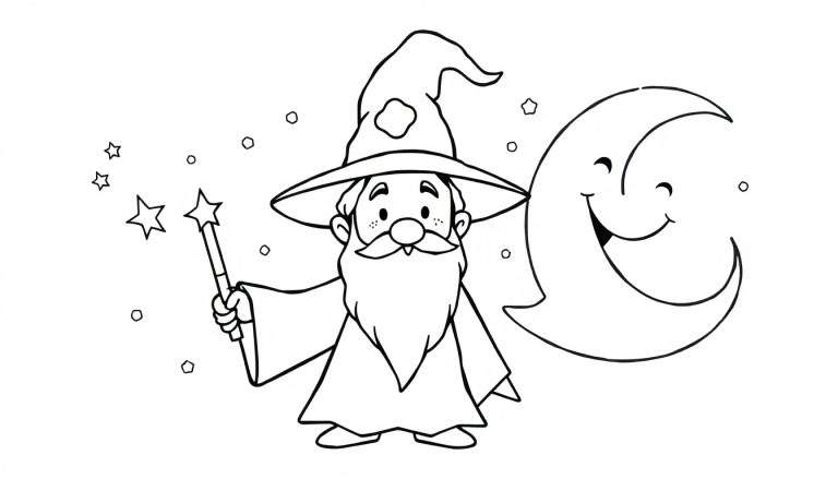 Desenho em preto e branco para colorir de um mago sorridente com chapéu pontudo e barba longa, segurando uma varinha com estrela. Ao lado, uma lua crescente com rosto sorridente. Estrelas e bolhas ao fundo.