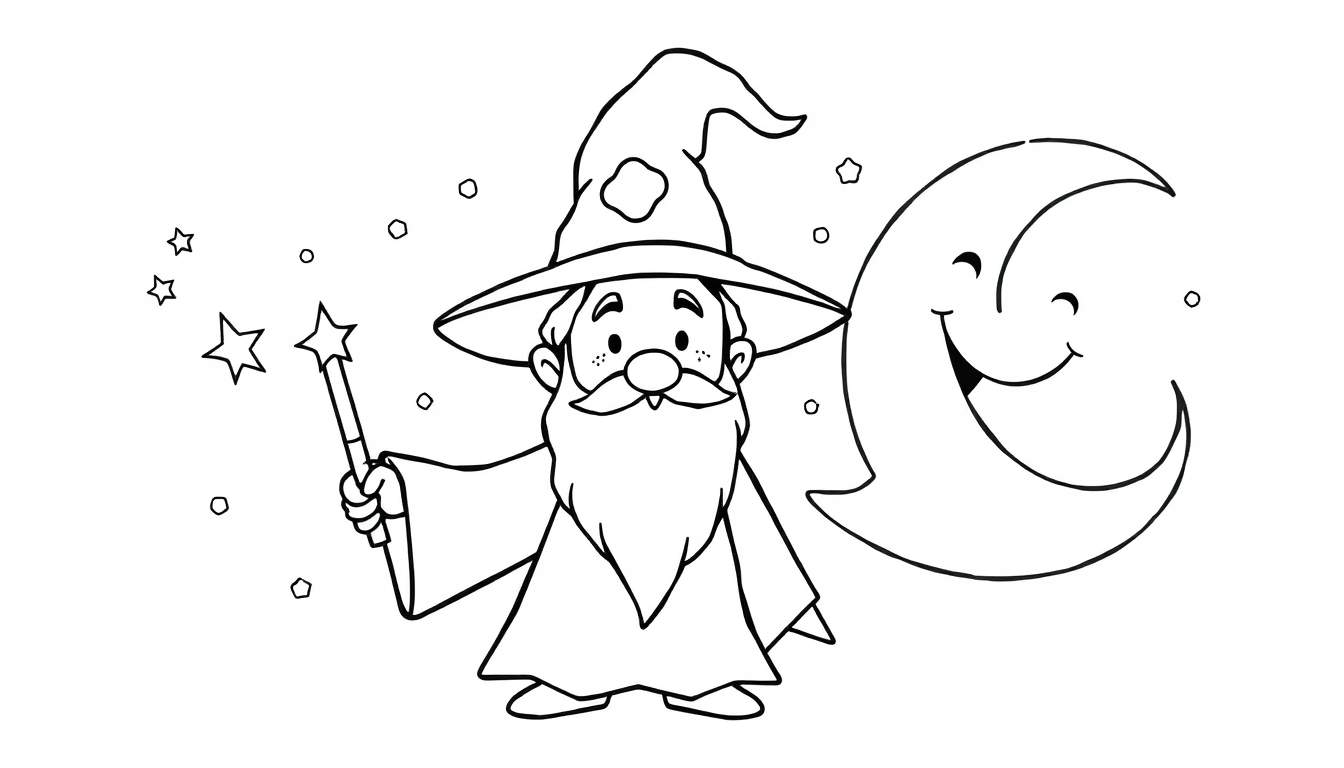 Desenho em preto e branco para colorir de um mago sorridente com chapéu pontudo e barba longa, segurando uma varinha com estrela. Ao lado, uma lua crescente com rosto sorridente. Estrelas e bolhas ao fundo.