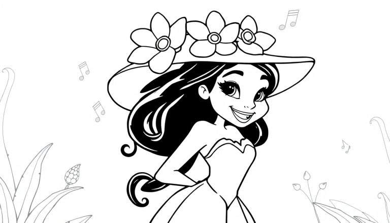 Página para colorir de uma menina de desenho animado sorrindo, com um chapéu cheio de flores e notas musicais ao redor.