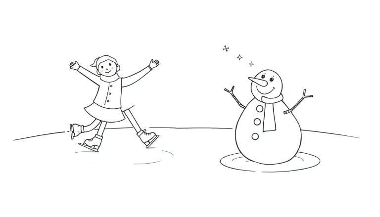 Página para colorir de uma menina a patinar no gelo com um boneco de neve sorridente e flocos de neve.