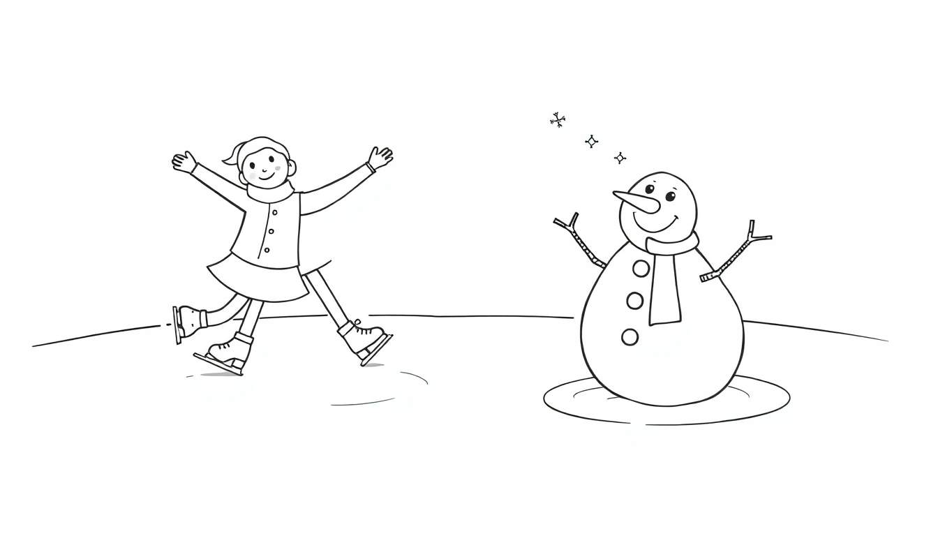 Página para colorir de uma menina a patinar no gelo com um boneco de neve sorridente e flocos de neve.