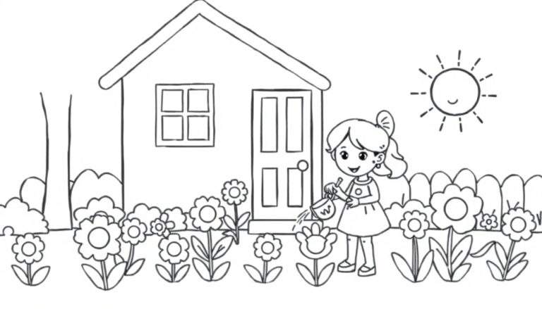 Página para colorir de uma menina sorridente a regar flores coloridas em frente a uma casa simples e um sol feliz.