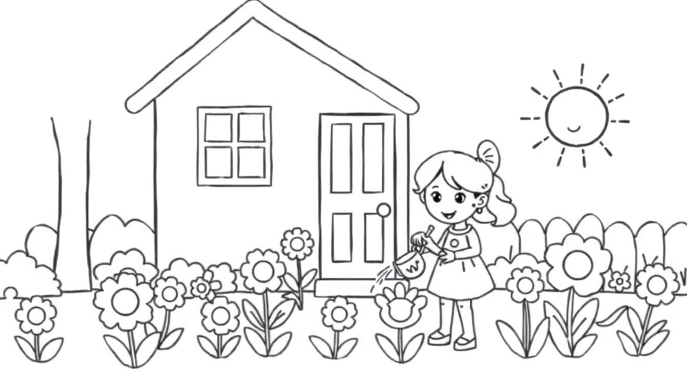Página para colorir de uma menina sorridente a regar flores coloridas em frente a uma casa simples e um sol feliz.