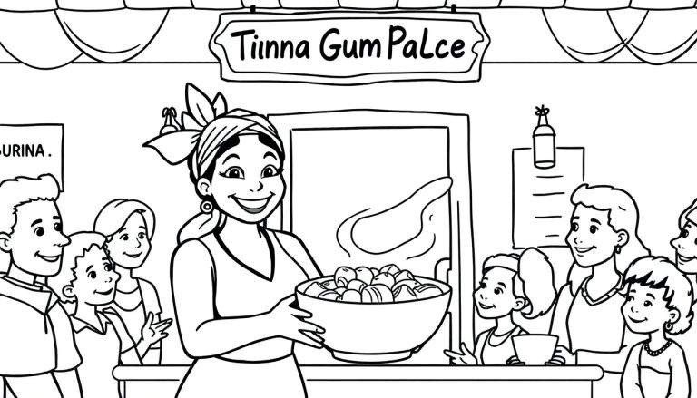 Página para colorir de um mercado com uma mulher sorridente a vender frutas, rodeada por clientes.