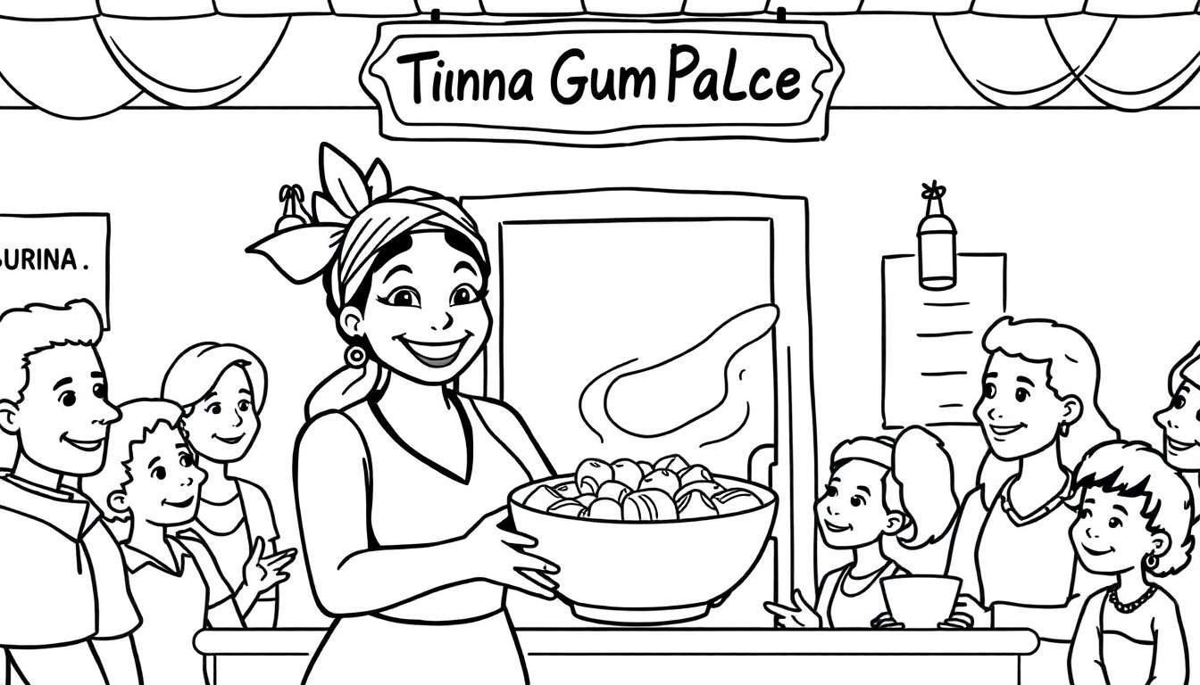 Página para colorir de um mercado com uma mulher sorridente a vender frutas, rodeada por clientes.