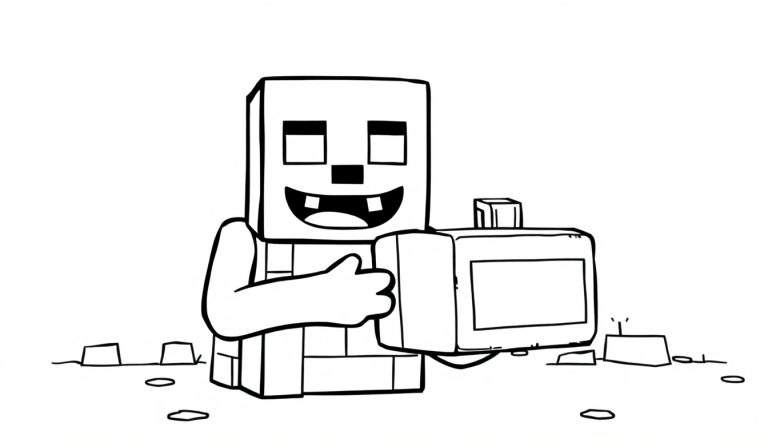 Desenho para colorir de um personagem do Minecraft com um objeto retangular e blocos no chão.