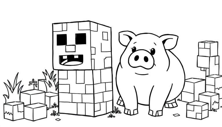 Página para colorir mostrando um porco rechonchudo e sorridente ao lado de um personagem cúbico com um rosto de esqueleto amigável, rodeados por blocos e grama estilizada.