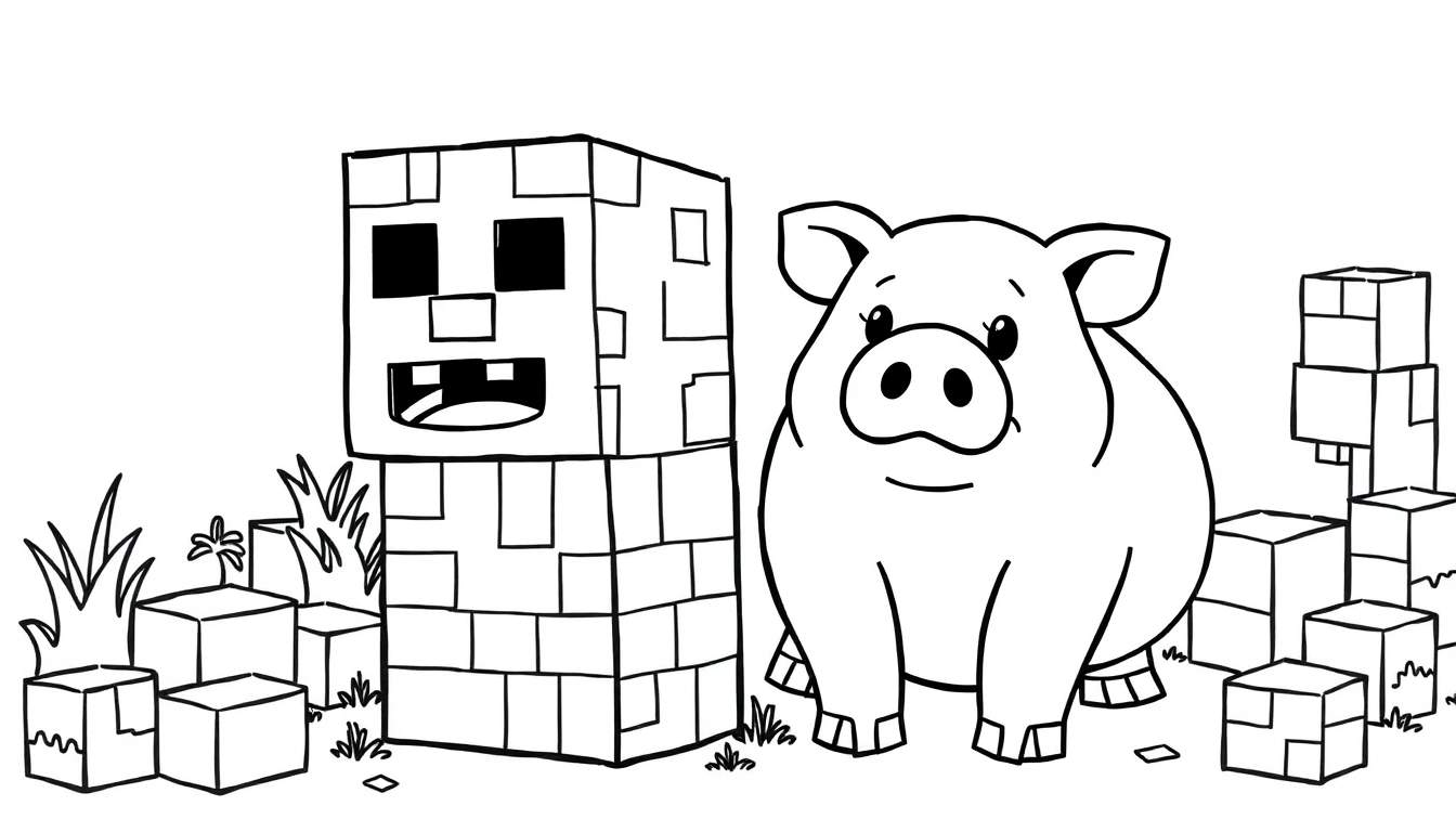Página para colorir mostrando um porco rechonchudo e sorridente ao lado de um personagem cúbico com um rosto de esqueleto amigável, rodeados por blocos e grama estilizada.