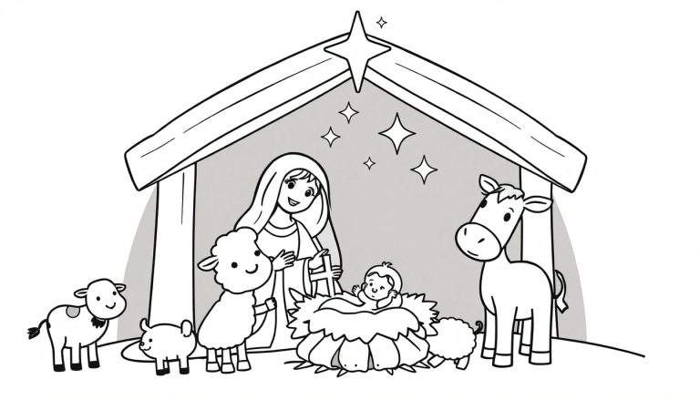 Página para colorir da natividade com o menino Jesus, Maria e animais adoráveis em estilo de desenho animado.