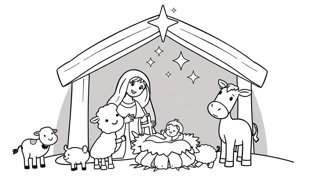 Página para colorir da natividade com o menino Jesus, Maria e animais adoráveis em estilo de desenho animado.