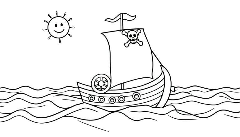Desenho de linha de um navio pirata com vela de caveira, flutuando em ondas sob um sol sorridente. Página para colorir.