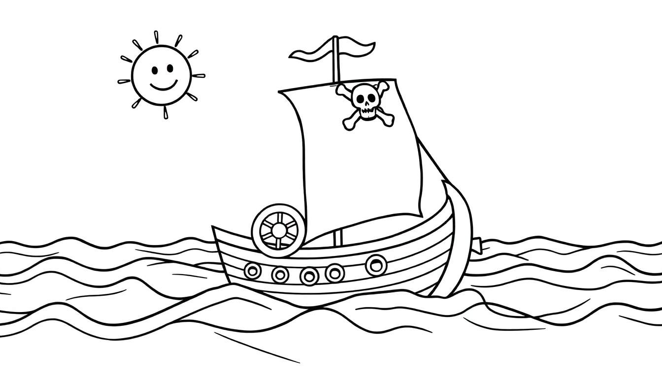Desenho de linha de um navio pirata com vela de caveira, flutuando em ondas sob um sol sorridente. Página para colorir.