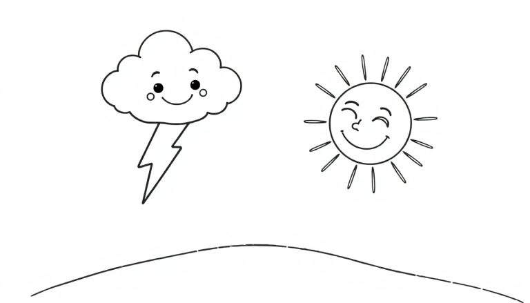 Página para colorir com nuvem sorridente, raio e sol feliz