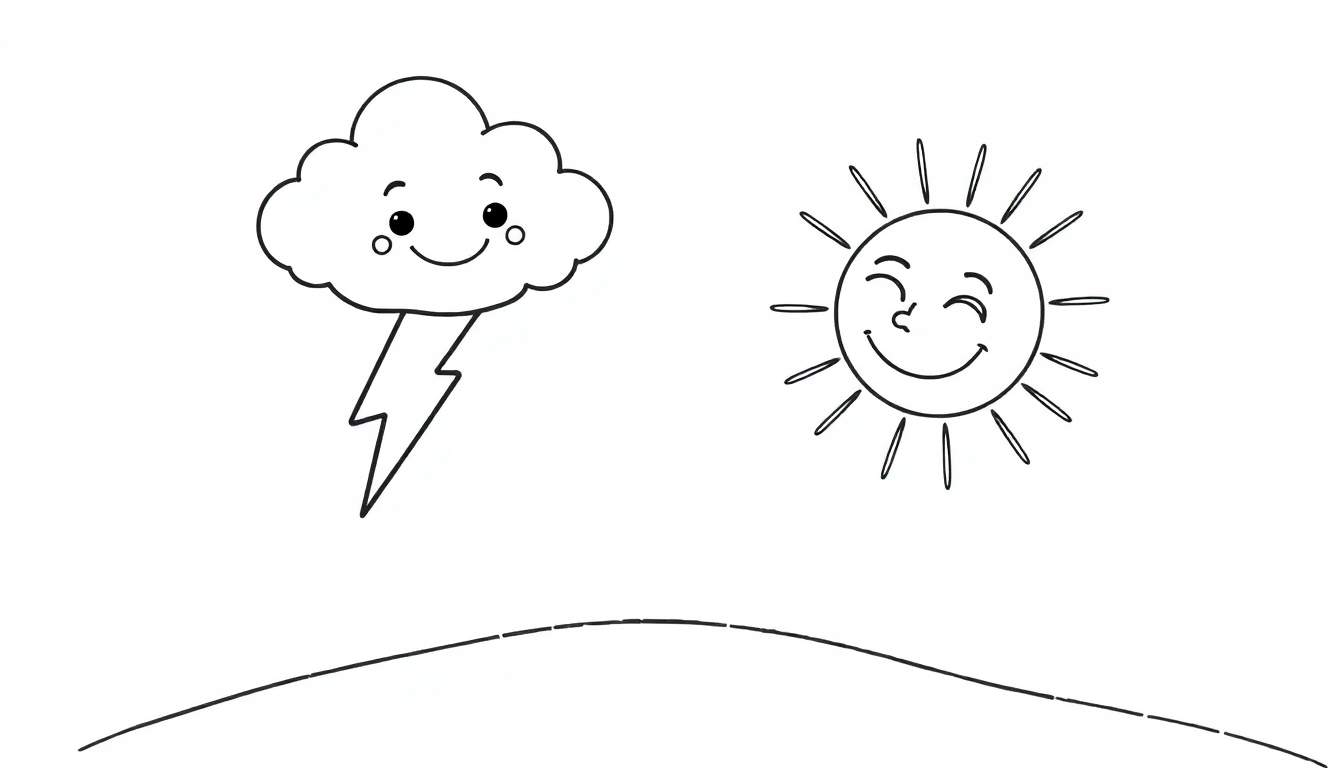Página para colorir com nuvem sorridente, raio e sol feliz