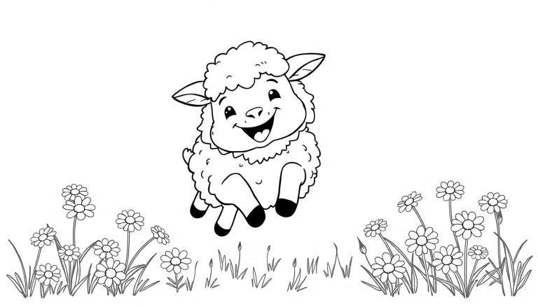 Desenho a preto e branco de uma ovelha feliz a saltar no ar, com flores e relva à volta.