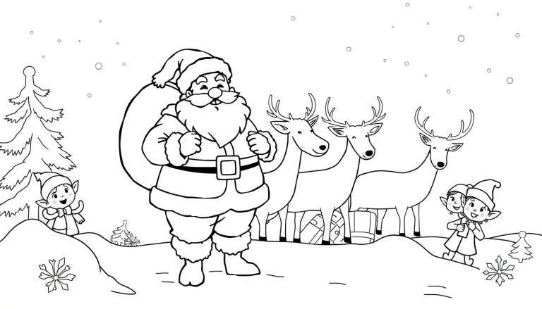 Desenho a preto e branco de uma página para colorir com o Pai Natal, renas, duendes e árvores de Natal, cercado por neve e flocos de neve.