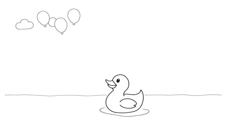 Página para colorir de um pato de borracha a nadar na água, com uma nuvem e quatro balões no céu, tudo em preto e branco.