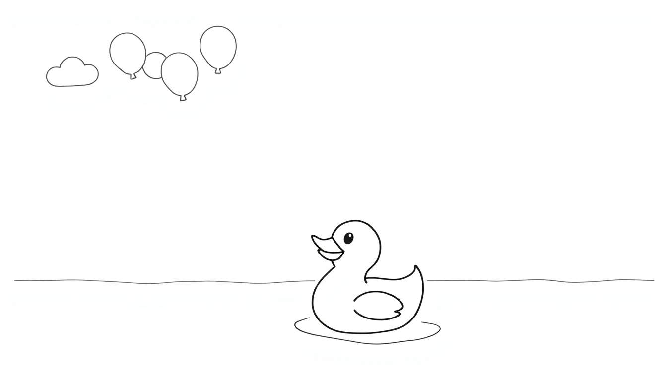 Página para colorir de um pato de borracha a nadar na água, com uma nuvem e quatro balões no céu, tudo em preto e branco.
