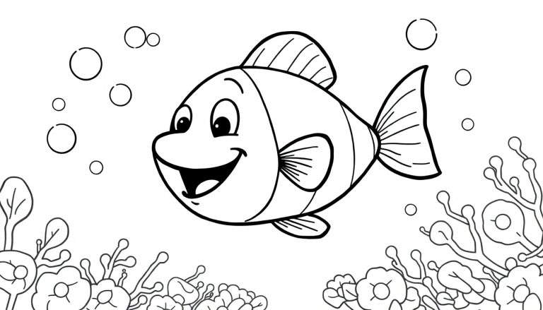 Página para colorir de um peixe de desenho animado feliz em um recife de coral com bolhas de ar.