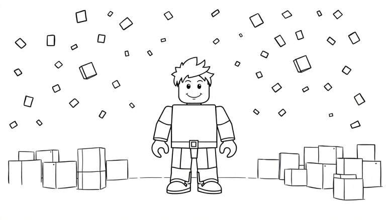 Página para colorir de personagem estilo Roblox/Minecraft com blocos caindo e empilhados.