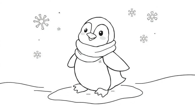 Desenho a preto e branco de um pinguim fofo com cachecol a sorrir, rodeado por flocos de neve, pronto para ser colorido.