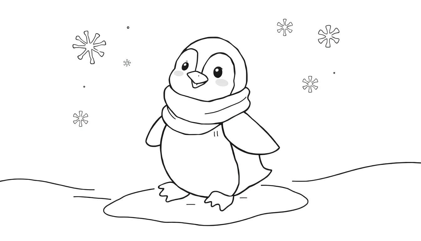 Desenho a preto e branco de um pinguim fofo com cachecol a sorrir, rodeado por flocos de neve, pronto para ser colorido.