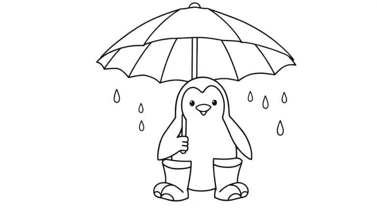 Página para colorir de um pinguim sorridente com capa de chuva e botas, a segurar um guarda-chuva aberto com gotas de chuva à volta.