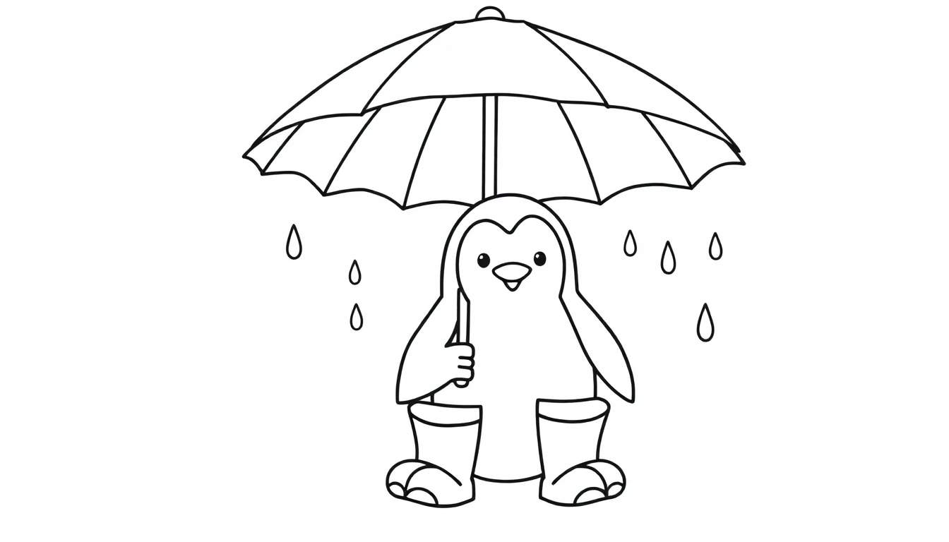 Página para colorir de um pinguim sorridente com capa de chuva e botas, a segurar um guarda-chuva aberto com gotas de chuva à volta.