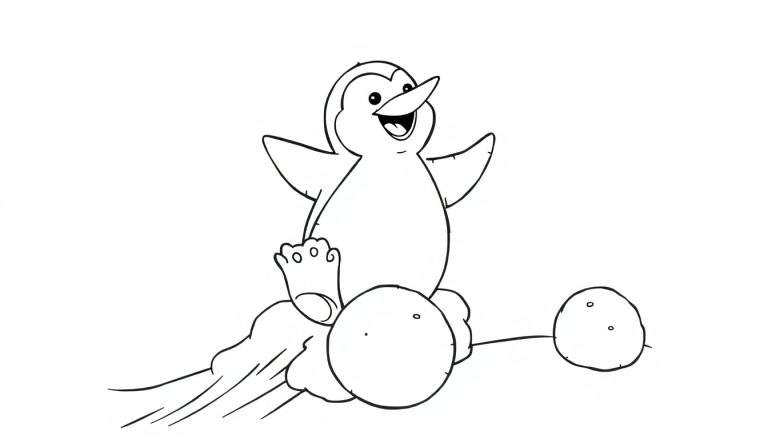 Página para colorir de um pinguim de desenho animado sorrindo com asas abertas, voando numa nuvem no céu.