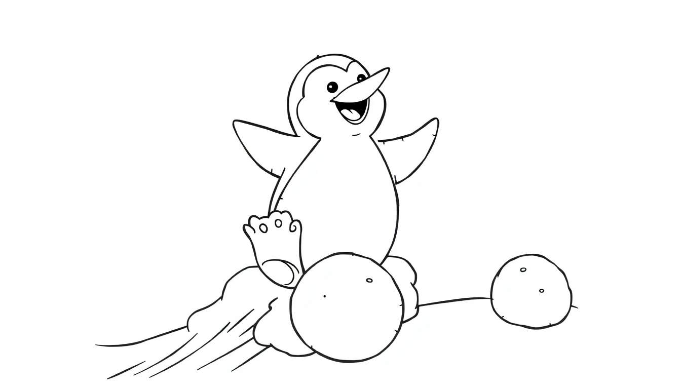 Página para colorir de um pinguim de desenho animado sorrindo com asas abertas, voando numa nuvem no céu.