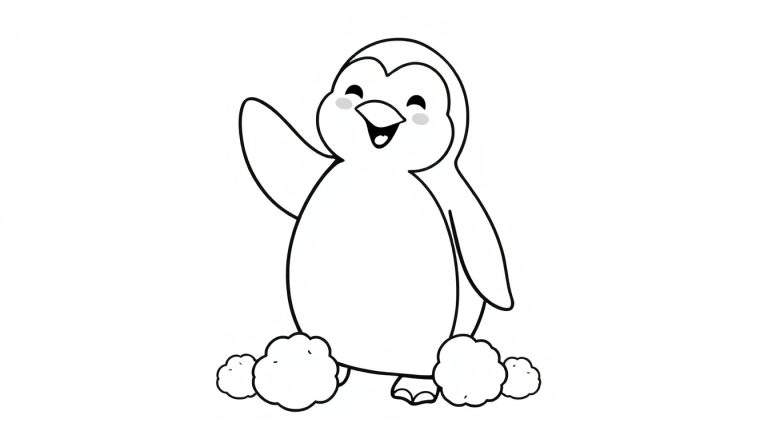 Desenho em preto e branco de um pinguim sorridente acenando com uma asa, com bochechas rosadas e os pés apoiados em algo fofo, ideal para colorir.