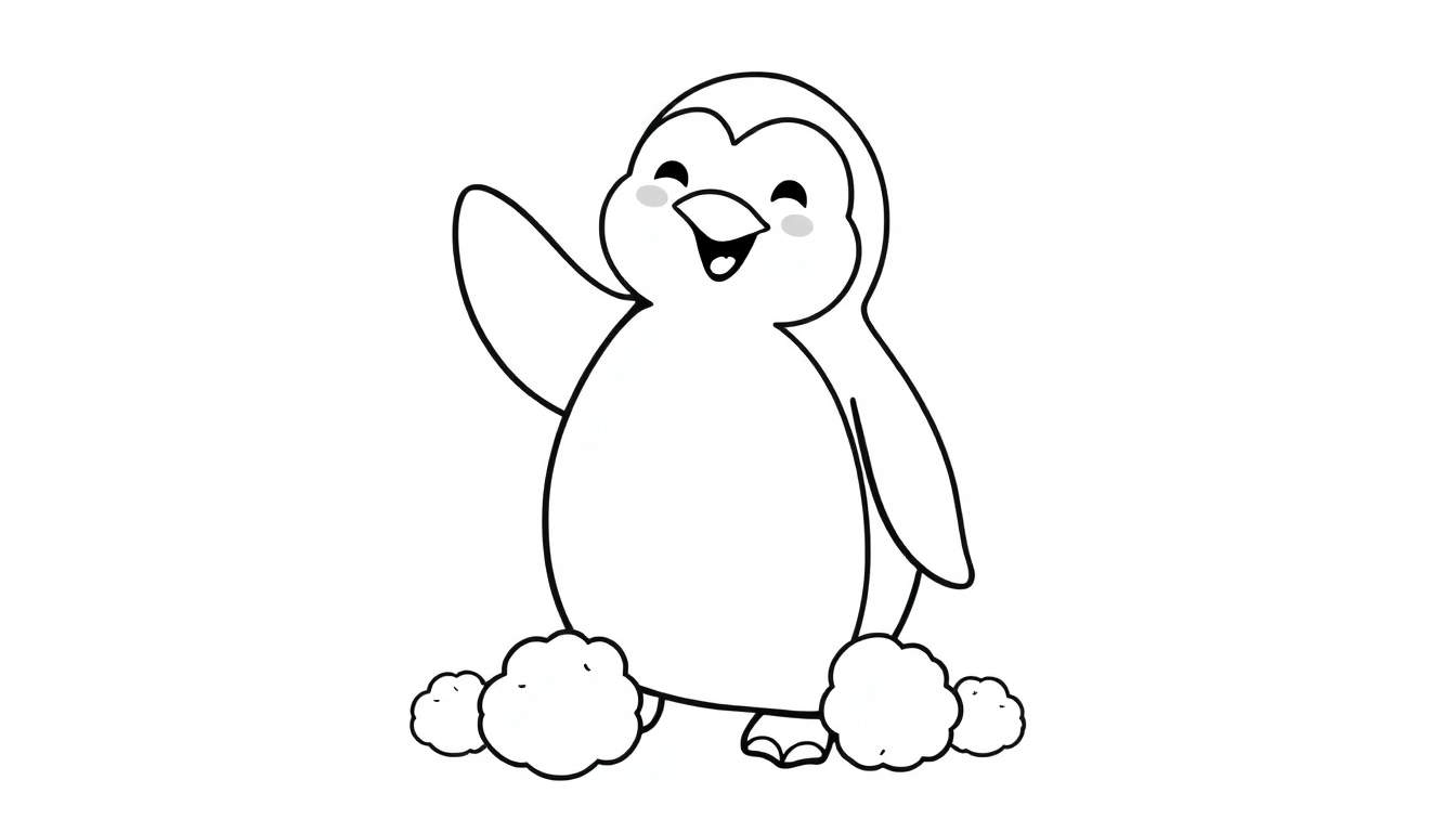 Desenho em preto e branco de um pinguim sorridente acenando com uma asa, com bochechas rosadas e os pés apoiados em algo fofo, ideal para colorir.