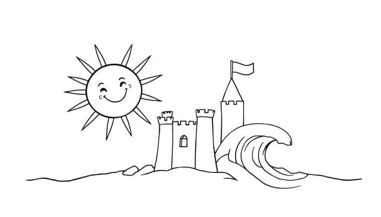 Página para colorir de uma cena de praia com sol sorridente, castelo de areia e onda.
